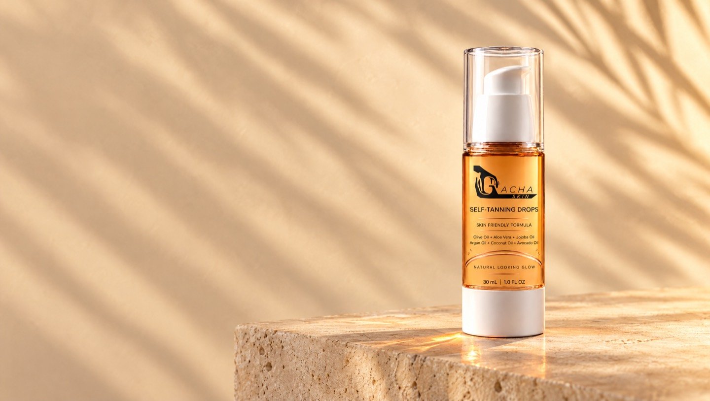 The Gacha Self-Tanning Drops bottle on a travertine ledge at golden hour, its amber liquid glowing in low warm sun with long palm shadows on the wall.